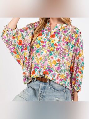 SAGE + FIG Floral Peasant oversized Blouse in Multi-Color comfy cottagecore boho